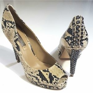 BCBGMaxazria Leather Snake Print Stud Heel Shoes